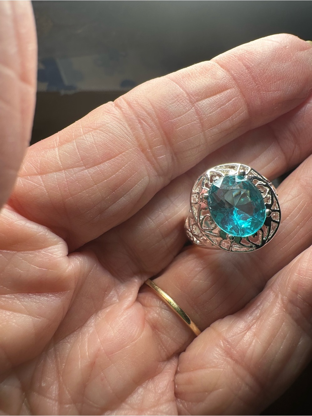 Silver Filigree Ring with Teal Gemstone - Women Jewelry